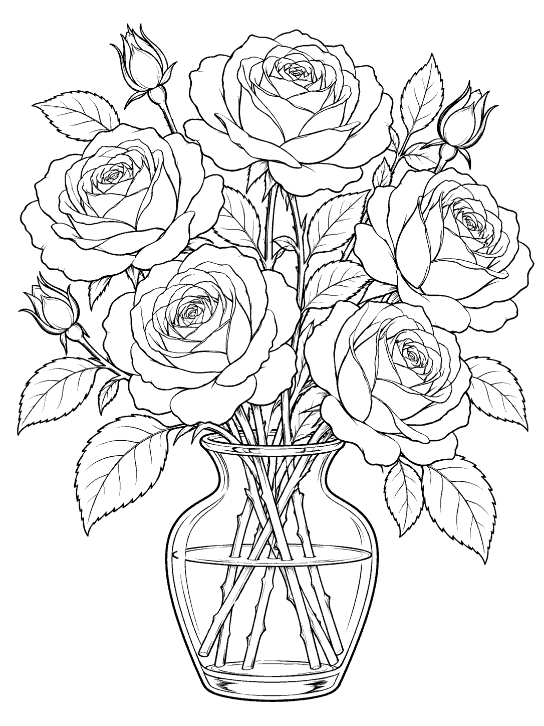 Five open roses with leaves and buds arranged in a wide glass vase, drawn as a black-outline coloring page.