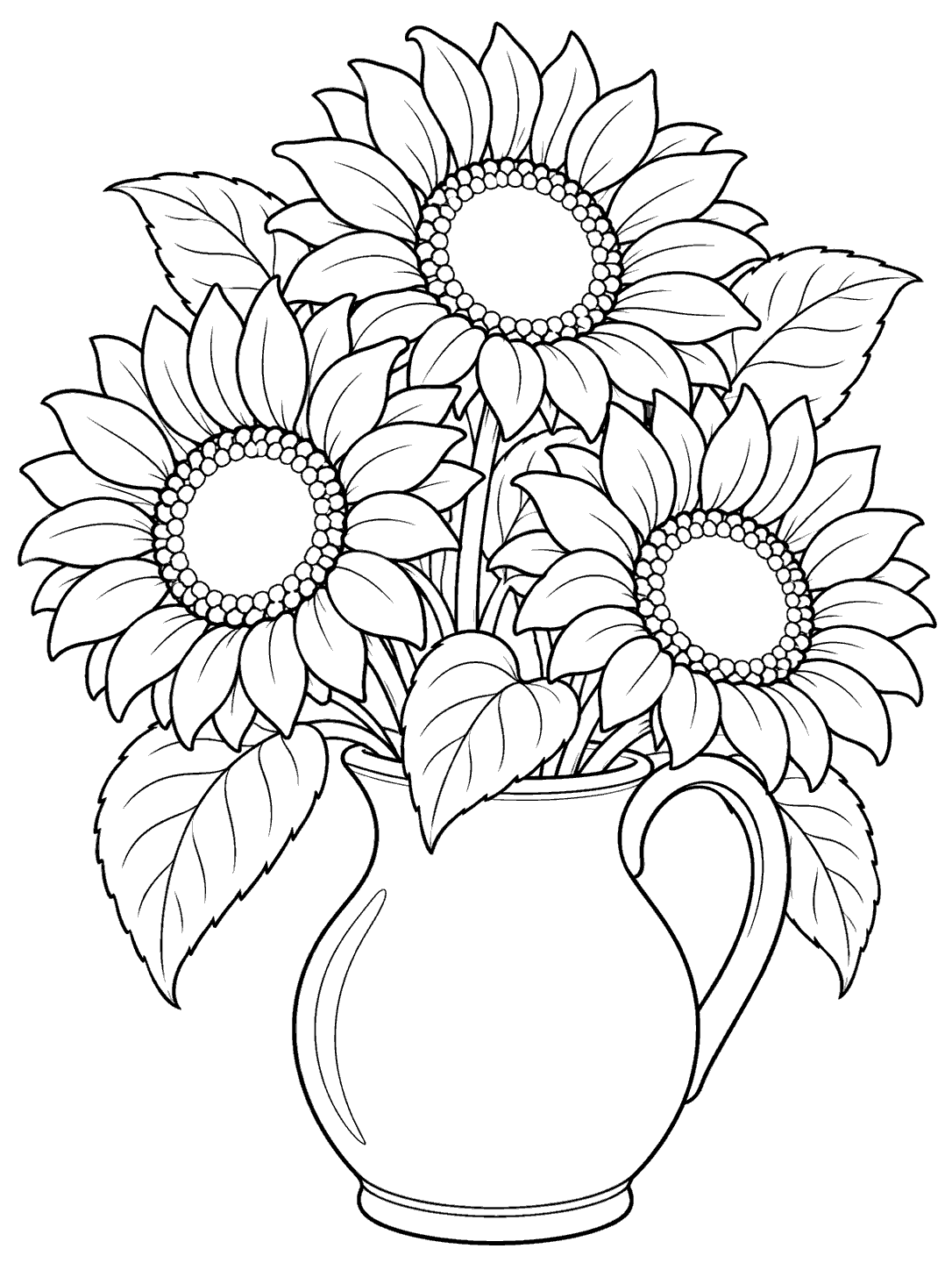 Black-outline coloring page of three sunflowers with circular centers and sturdy leaves arranged in a rounded ceramic pitcher.