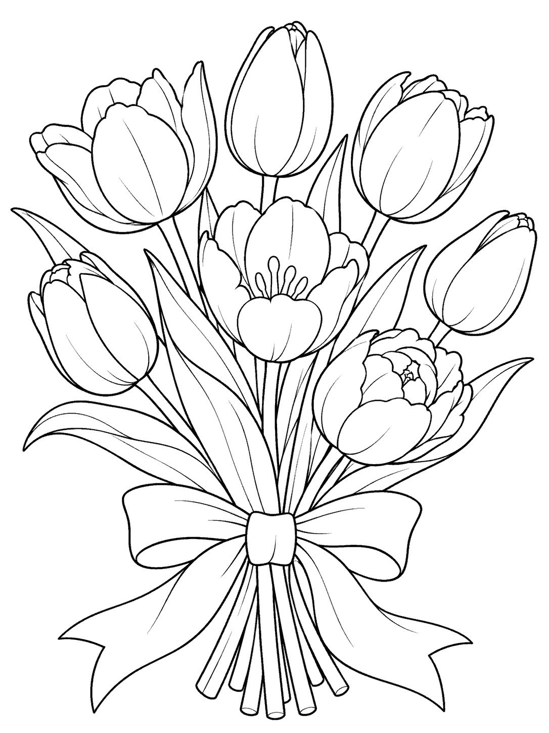 Black-outline coloring page of seven open and budding tulips gathered with a broad bow and long stems.