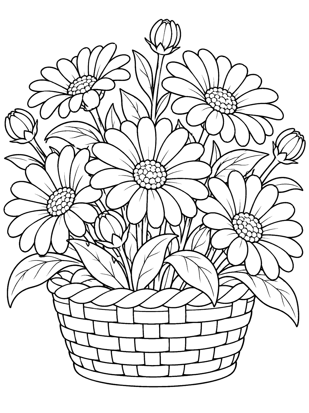 Black-outline coloring page showing open daisies, buds, and leaves arranged in a woven basket.