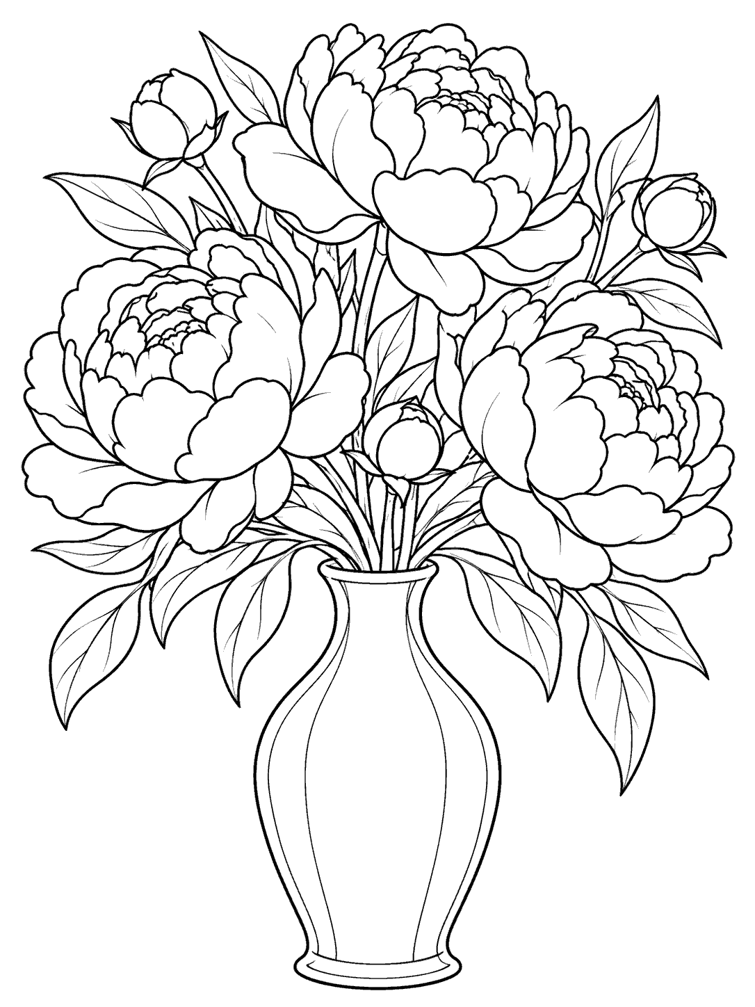 Black-outline coloring page showing three lush peony blooms, buds, leafy stems, and a tall vase.
