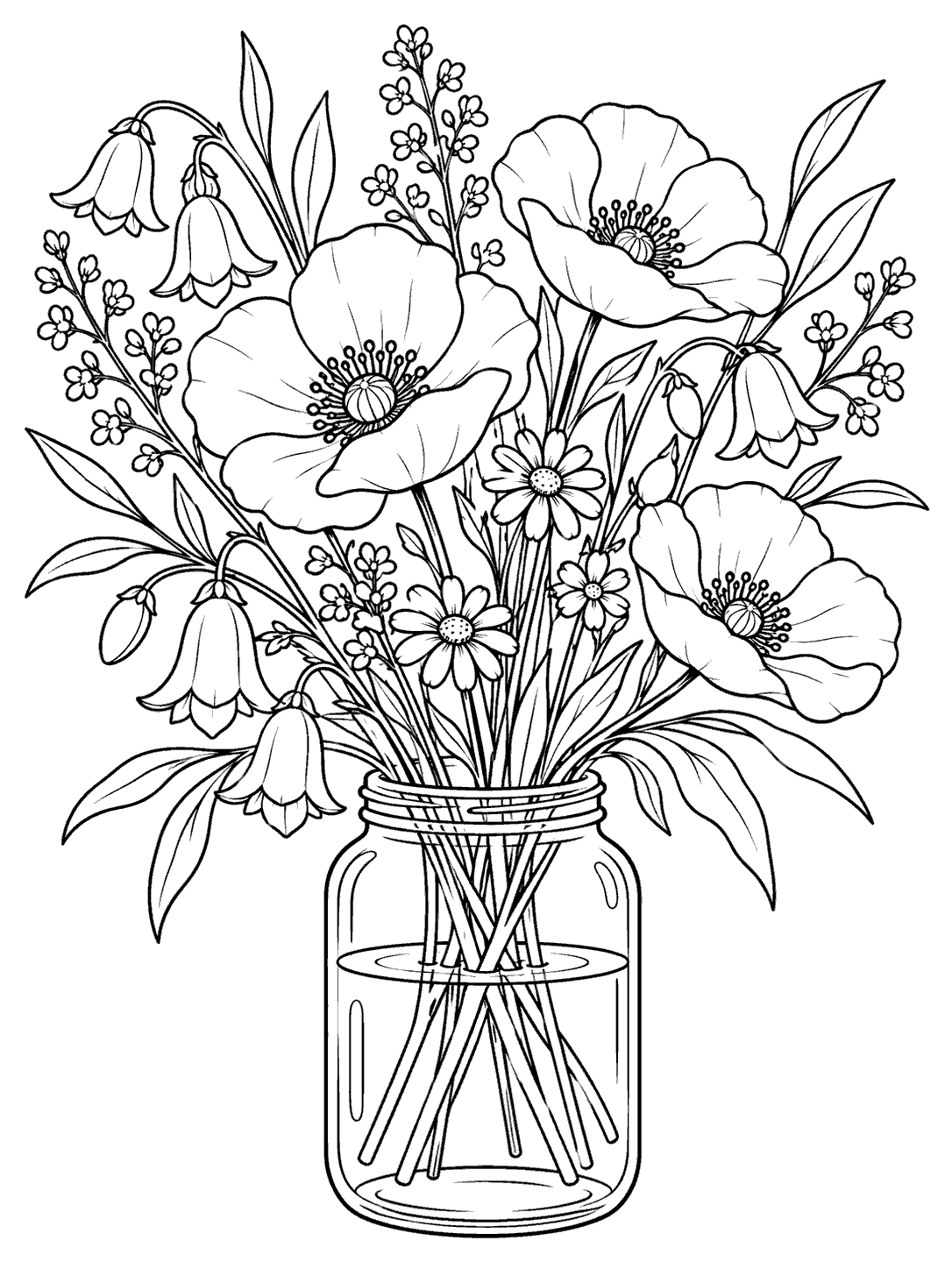 Black-outline coloring page of a varied meadow bouquet arranged in a glass jar.