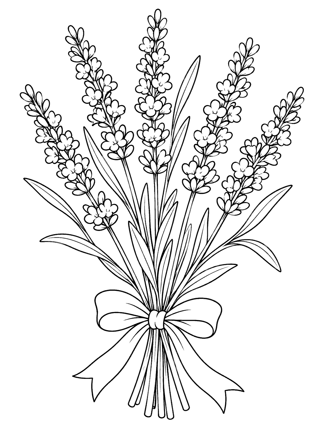 Lavender bouquet coloring page with long stems, rounded florets, leaves, and a bow