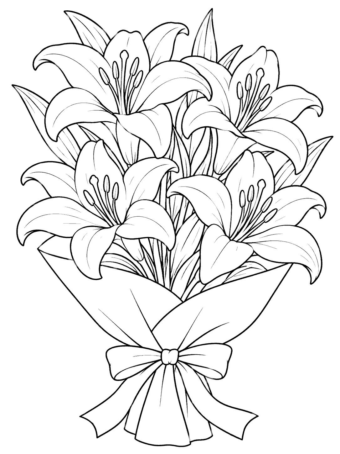 Black-outline coloring page showing four trumpet lilies with visible stamens, long leaves, folded paper wrap, and ribbon bow.