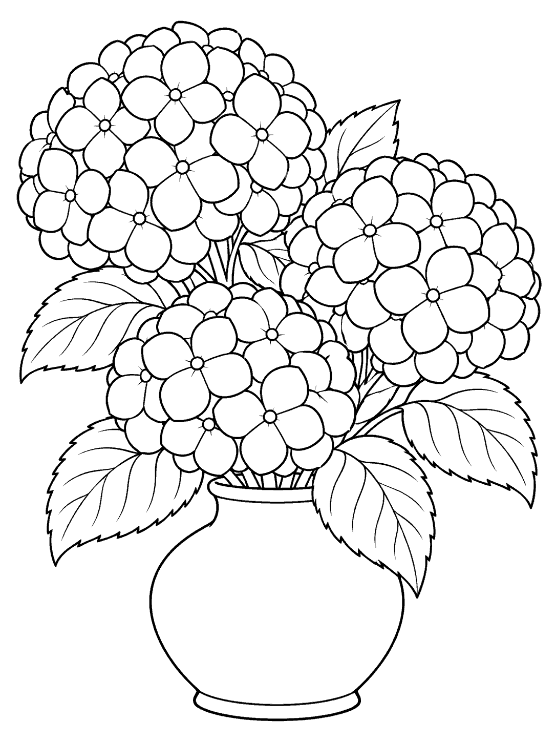 Three large hydrangea clusters with broad leaves arranged in a squat vase, drawn in bold black outlines for coloring.