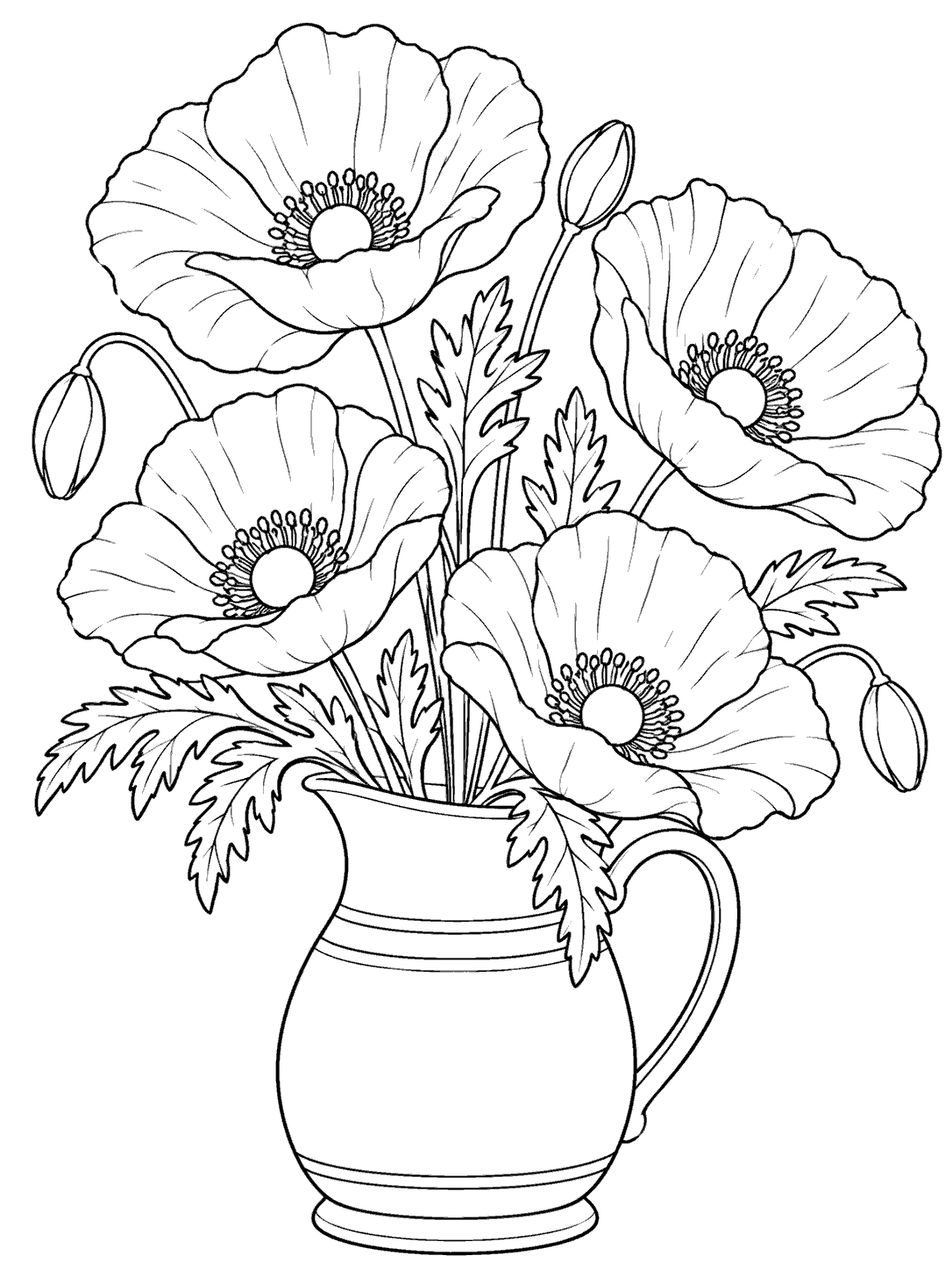 Four open poppies with unfilled centers and leafy stems arranged in a pitcher on a portrait coloring page.