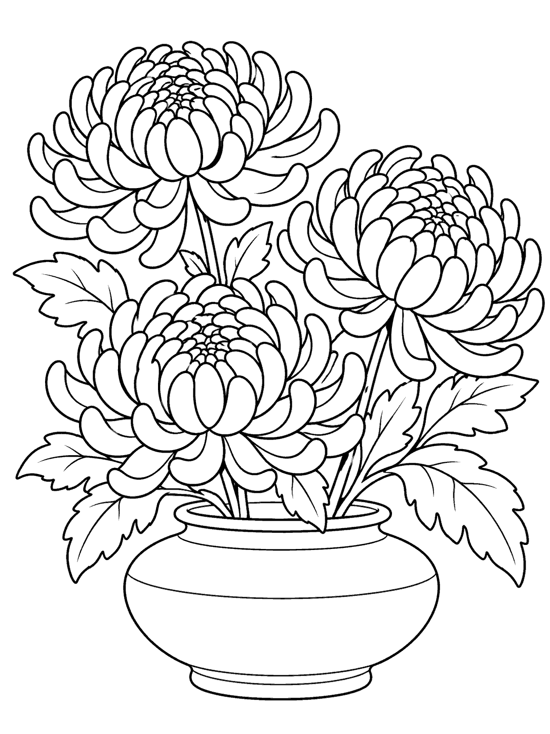 Black outline coloring page of three chrysanthemums with broad curved petals, leafy stems, and a wide bowl vase.