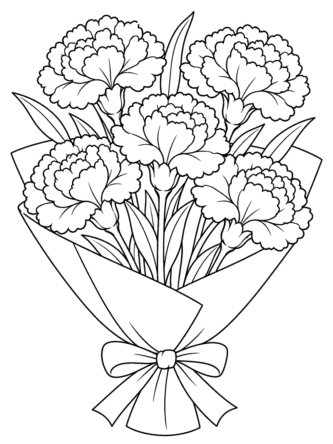 Black-outline coloring page of five scalloped carnations with leafy stems in a cone-shaped paper wrap tied with a bow.
