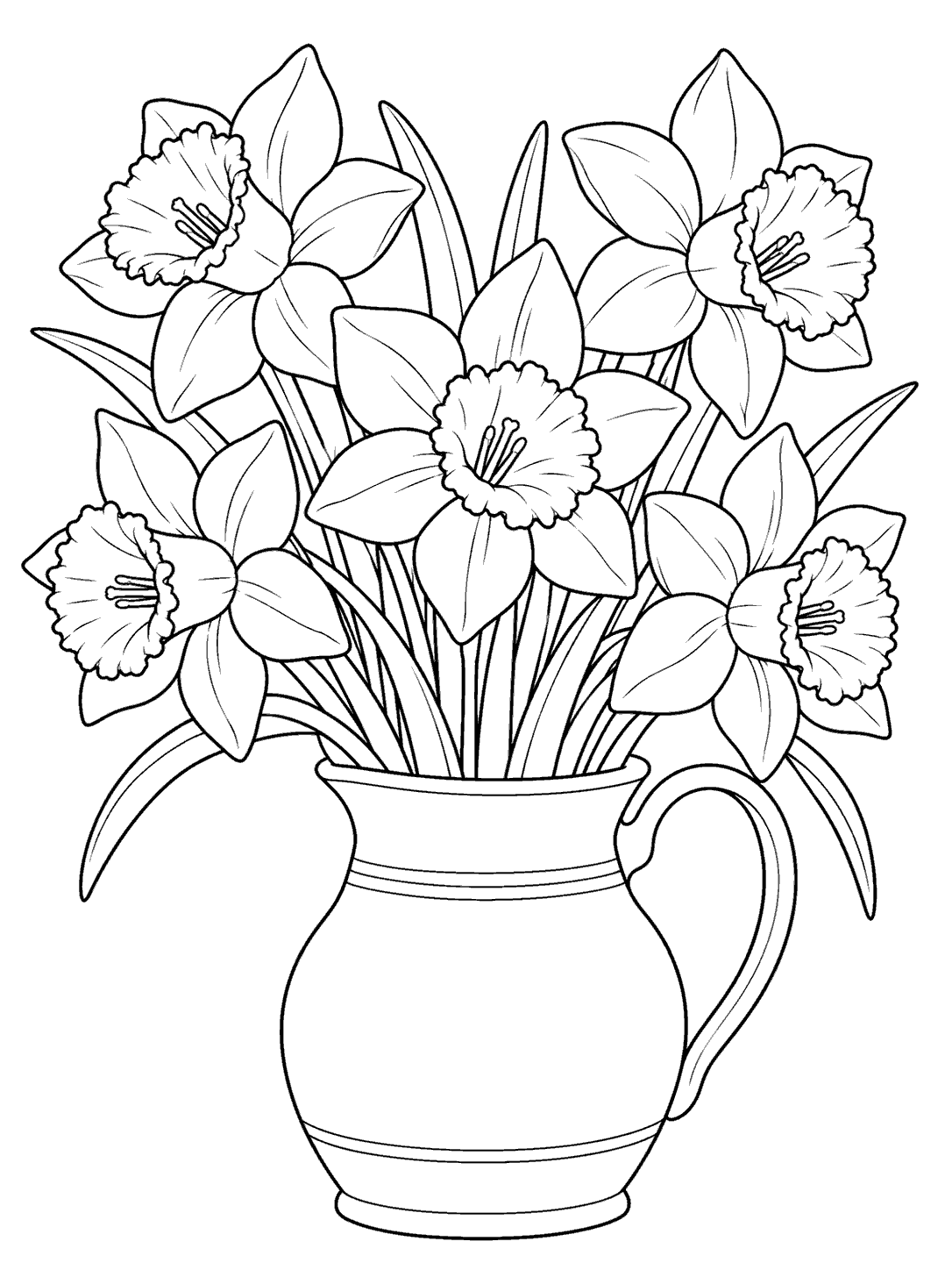 Black-outline coloring page of five daffodils with long leaves in a handled ceramic jug.