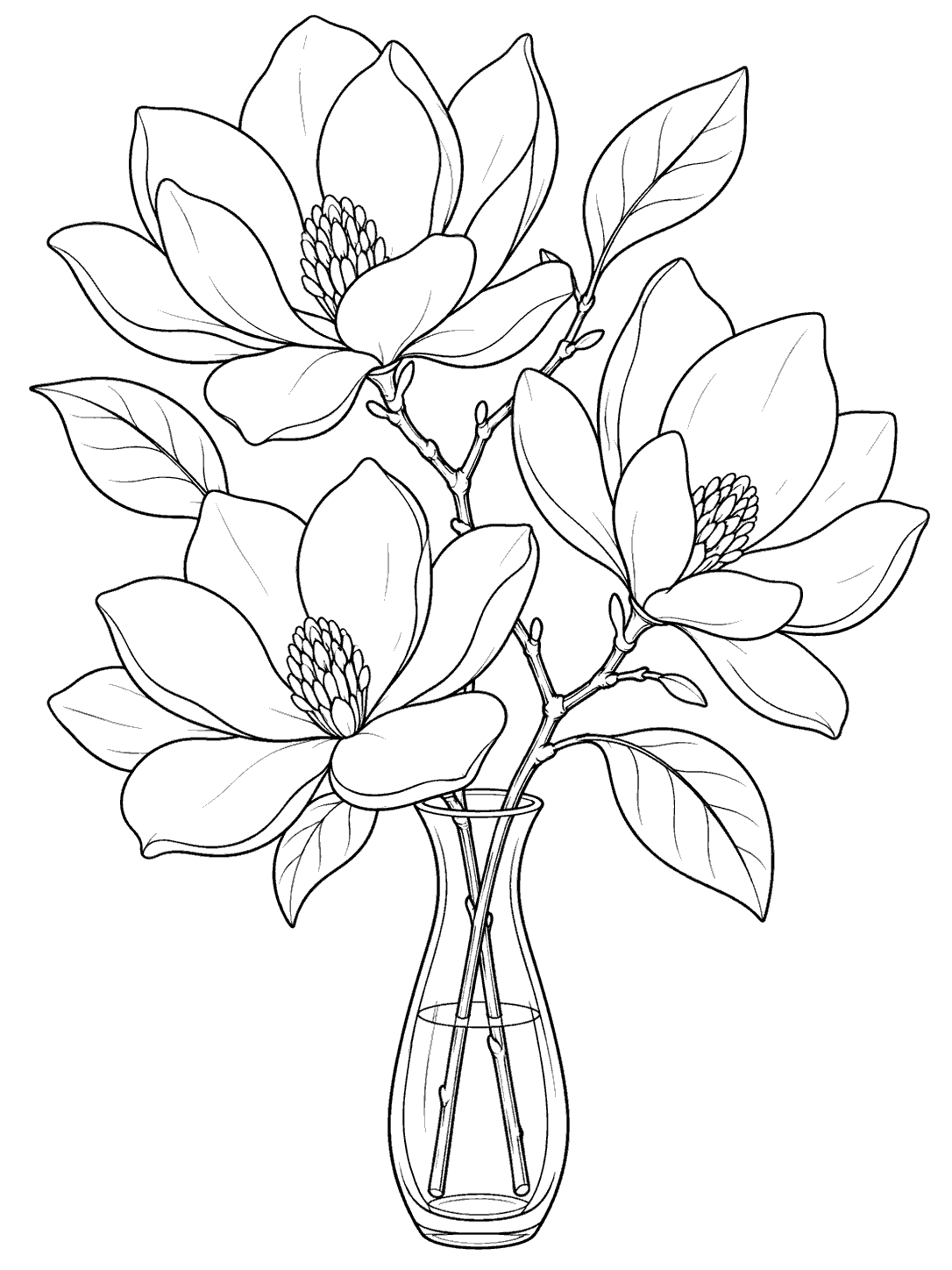 Three outlined magnolia blossoms with broad petals, simple leaves, and branching stems arranged in a narrow vase.