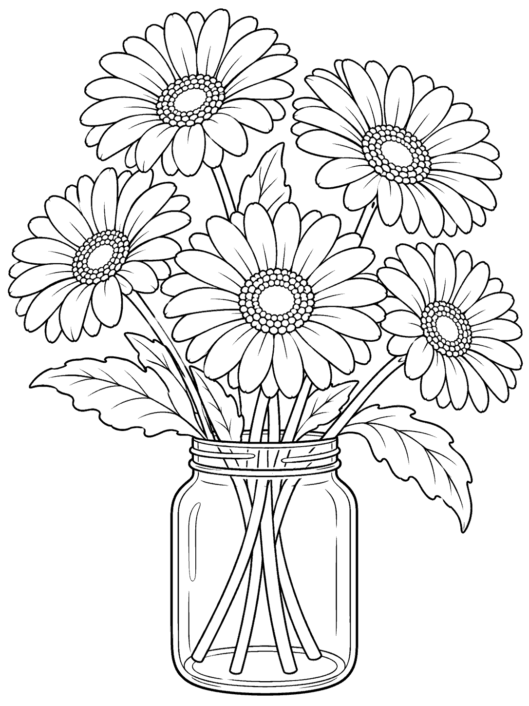 Five black-outline gerbera daisies with leaves and stems arranged in a mason-style jar on a white coloring page.