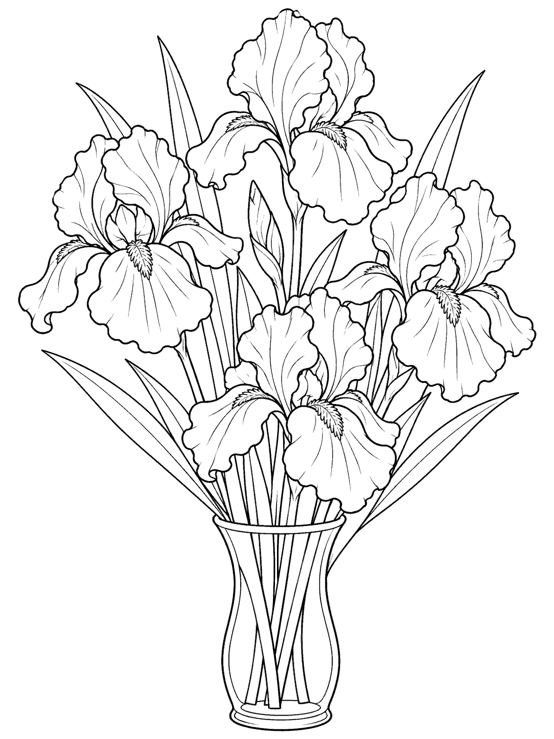 Black-outline coloring page of four irises and sword-shaped leaves arranged in a tall vase.