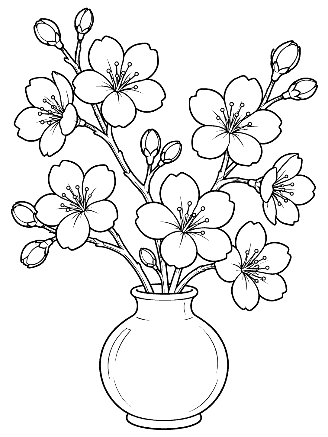 Cherry blossom bouquet coloring page with open blossoms and buds arranged in a rounded vase.