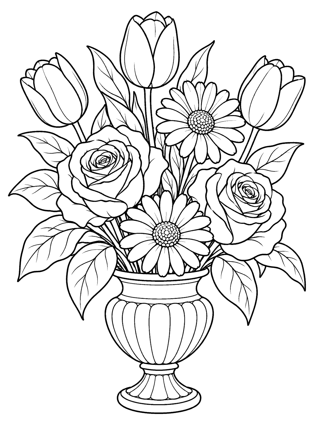 A portrait coloring page showing two roses, two daisies, and three tulips with broad leaves in a footed vase.