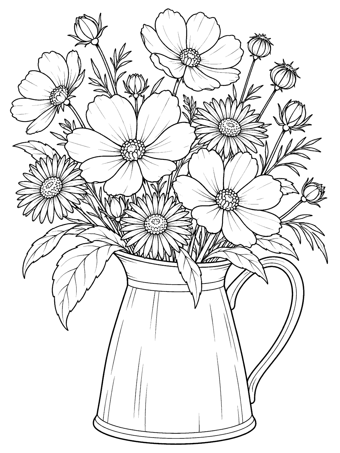 Autumn flower bouquet coloring page featuring cosmos and asters in a handled jug