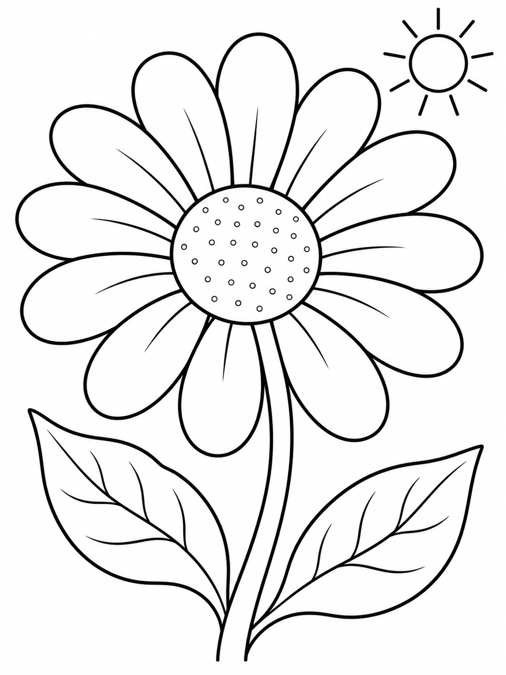 A large daisy with a dotted center, curved stem, two veined leaves, and a simple sun, drawn in black outlines on a white background.