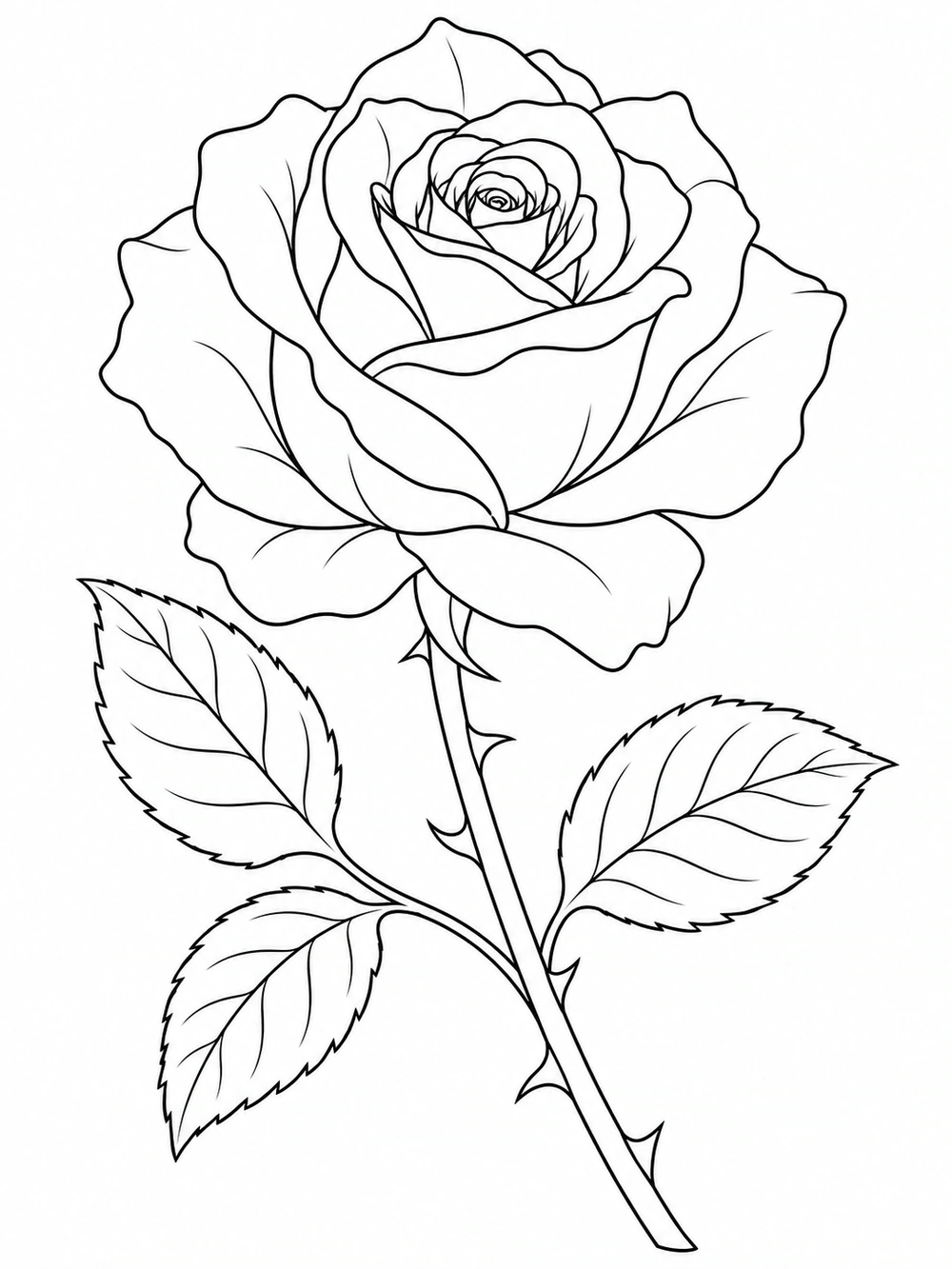 One open rose with layered petals, a thorny stem, and broad leaves in black outline.