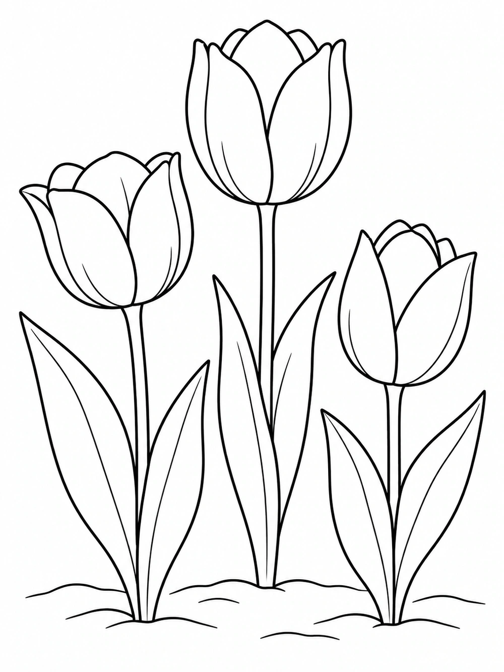 Three distinct tulips with broad leaves and short ground lines in black outline.