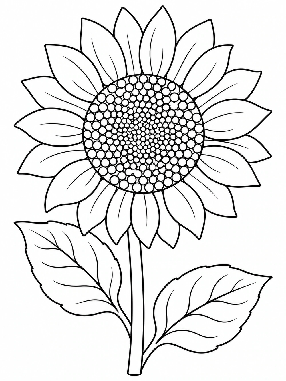 A large sunflower with a patterned seed center, sturdy stem, and wide leaves.