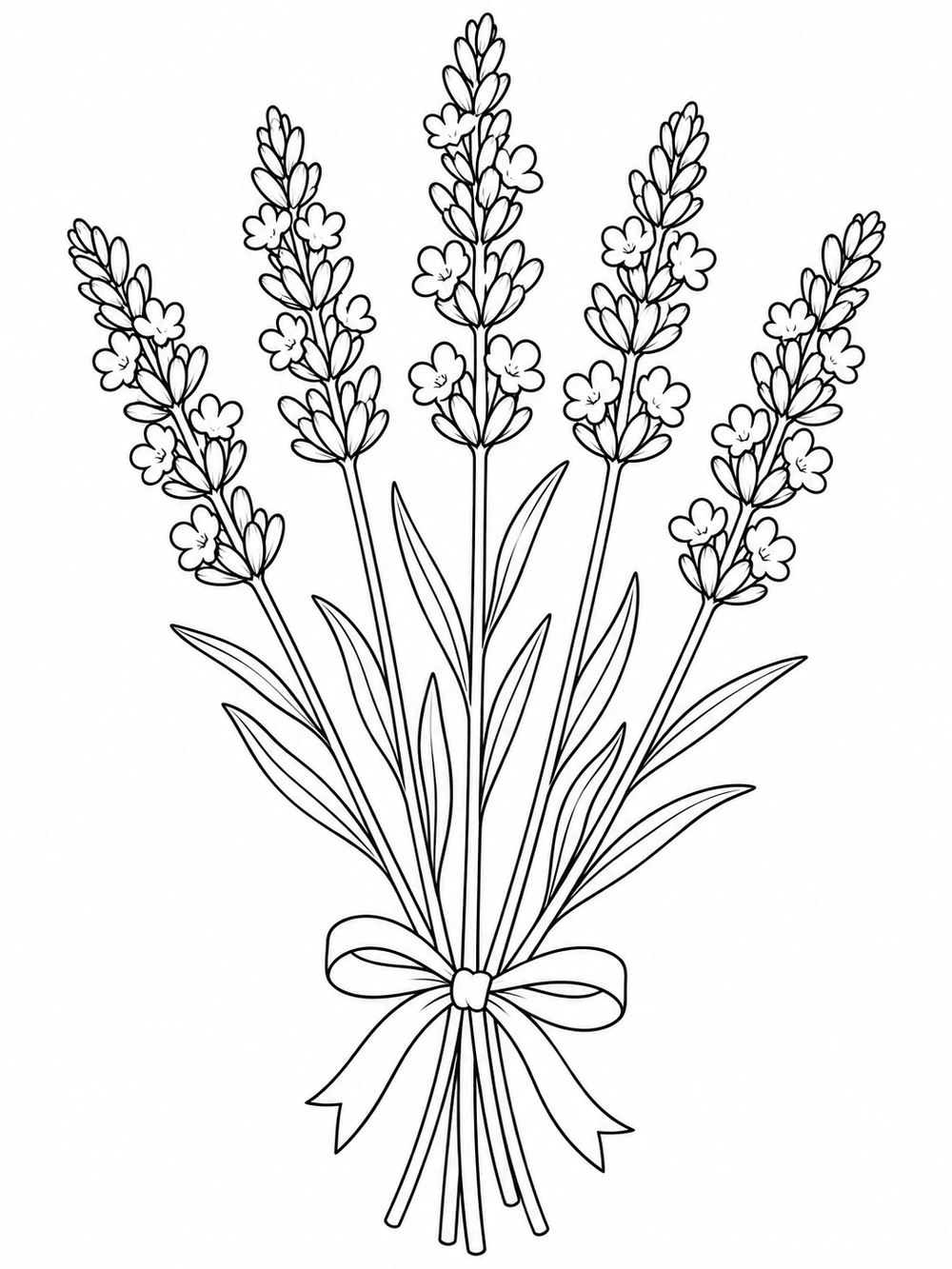 A tied bundle of lavender with narrow leaves and clustered blossoms.