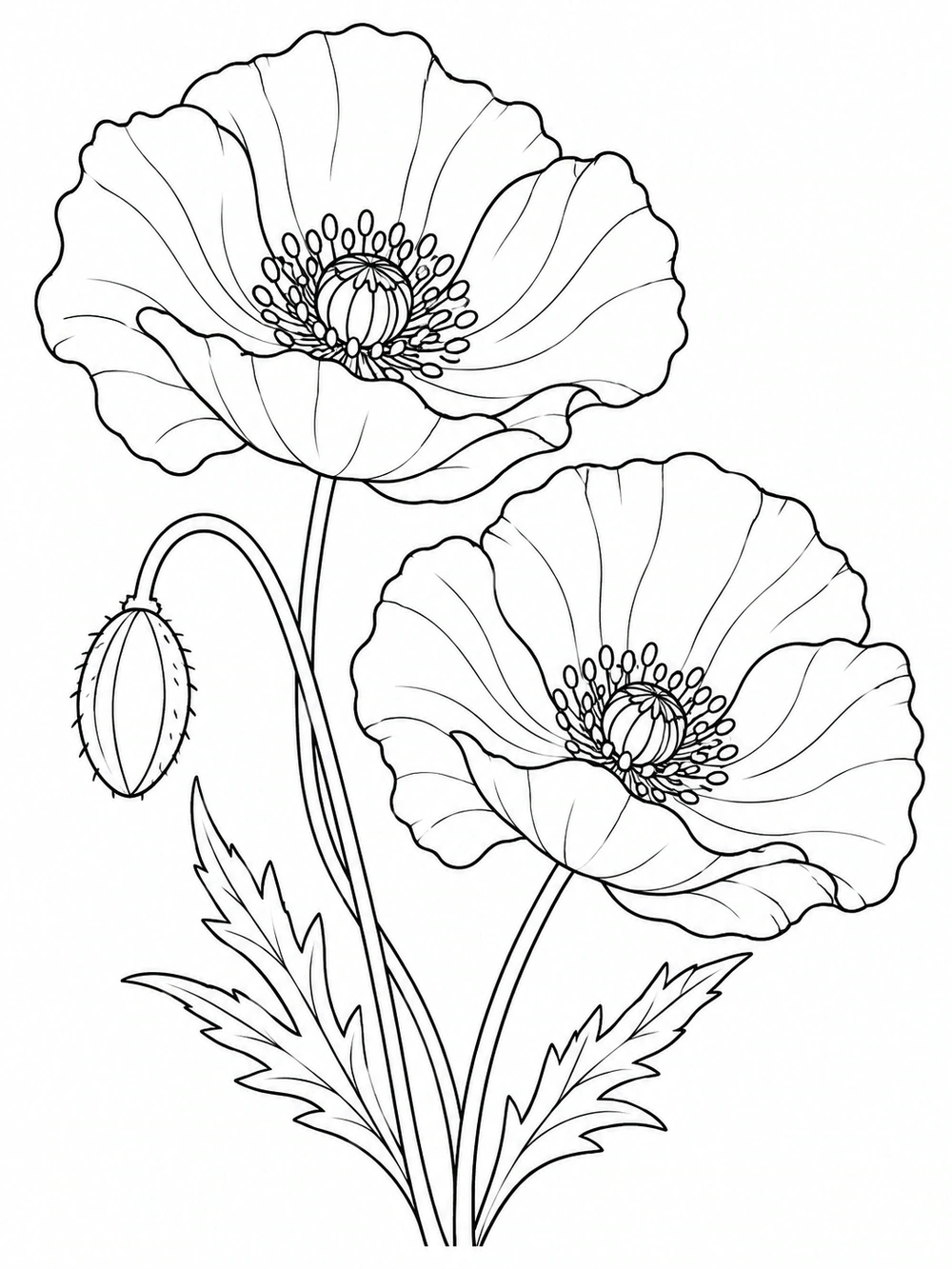 Black line art of two wide-petaled poppies with detailed centers, curved stems, narrow leaves, and one unopened bud.