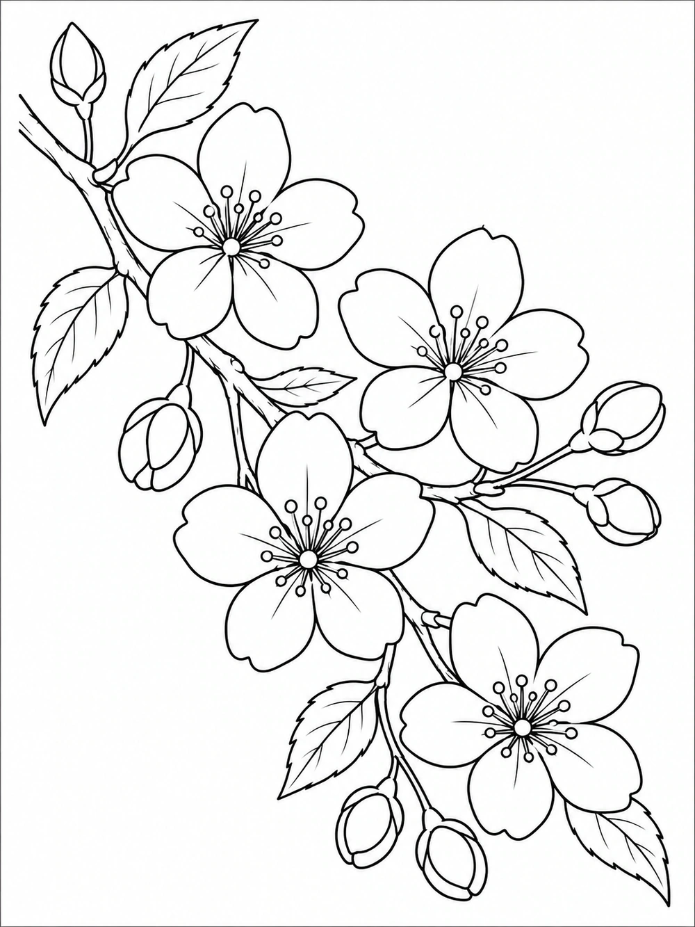 A curved branch with several five-petal cherry blossoms and small buds.