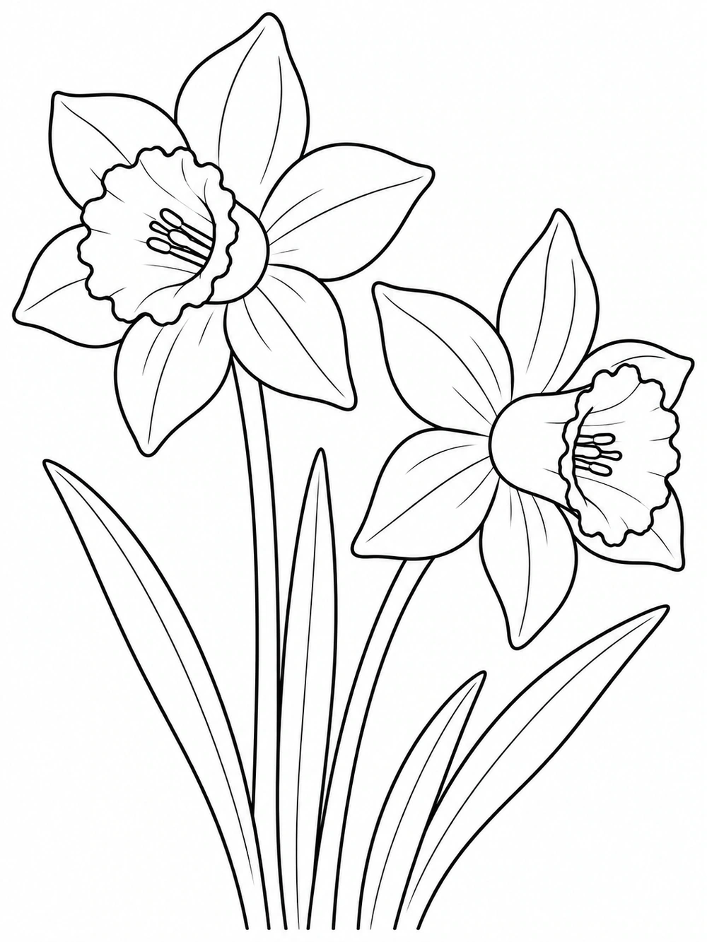 Two daffodils at different angles, with broad petals, trumpet centers, long stems, and blade like leaves.