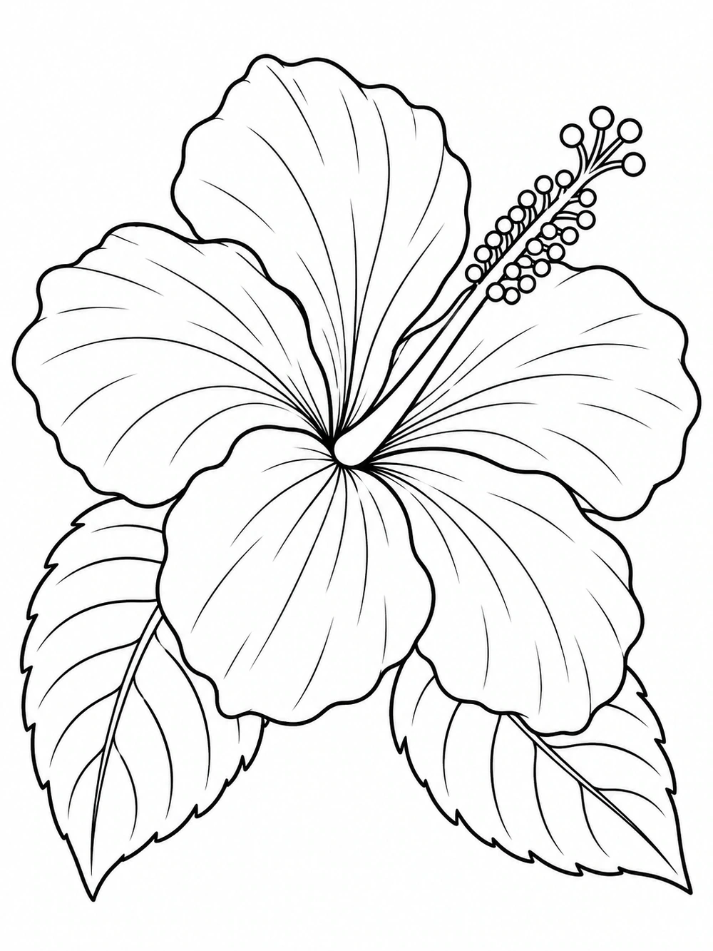 One hibiscus bloom with broad petals, a prominent stamen, and two large leaves.