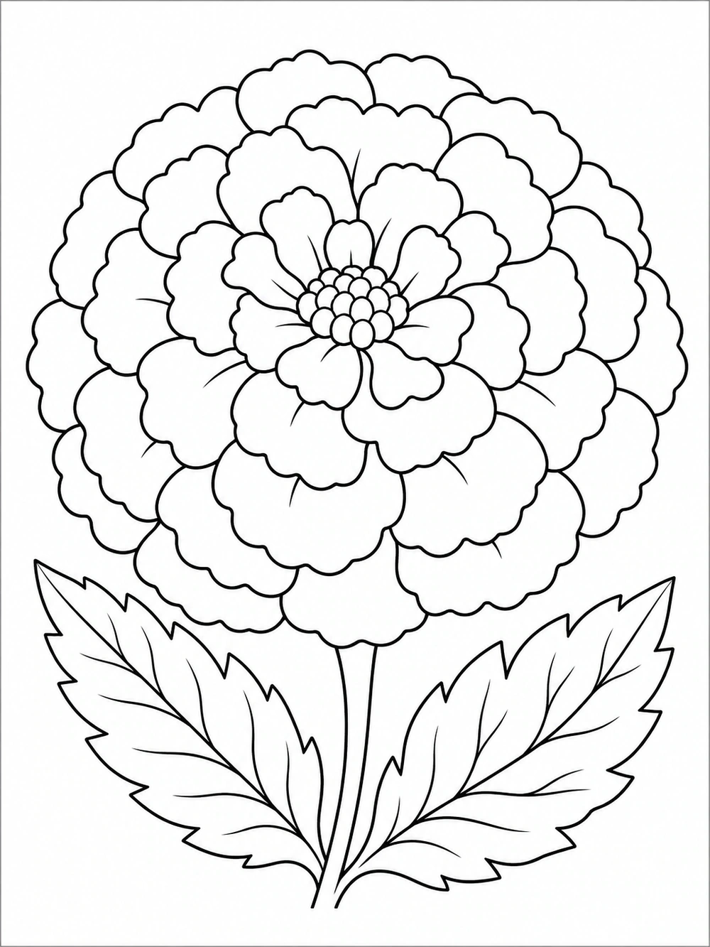 A round marigold with layered scalloped petals and broad leaves.