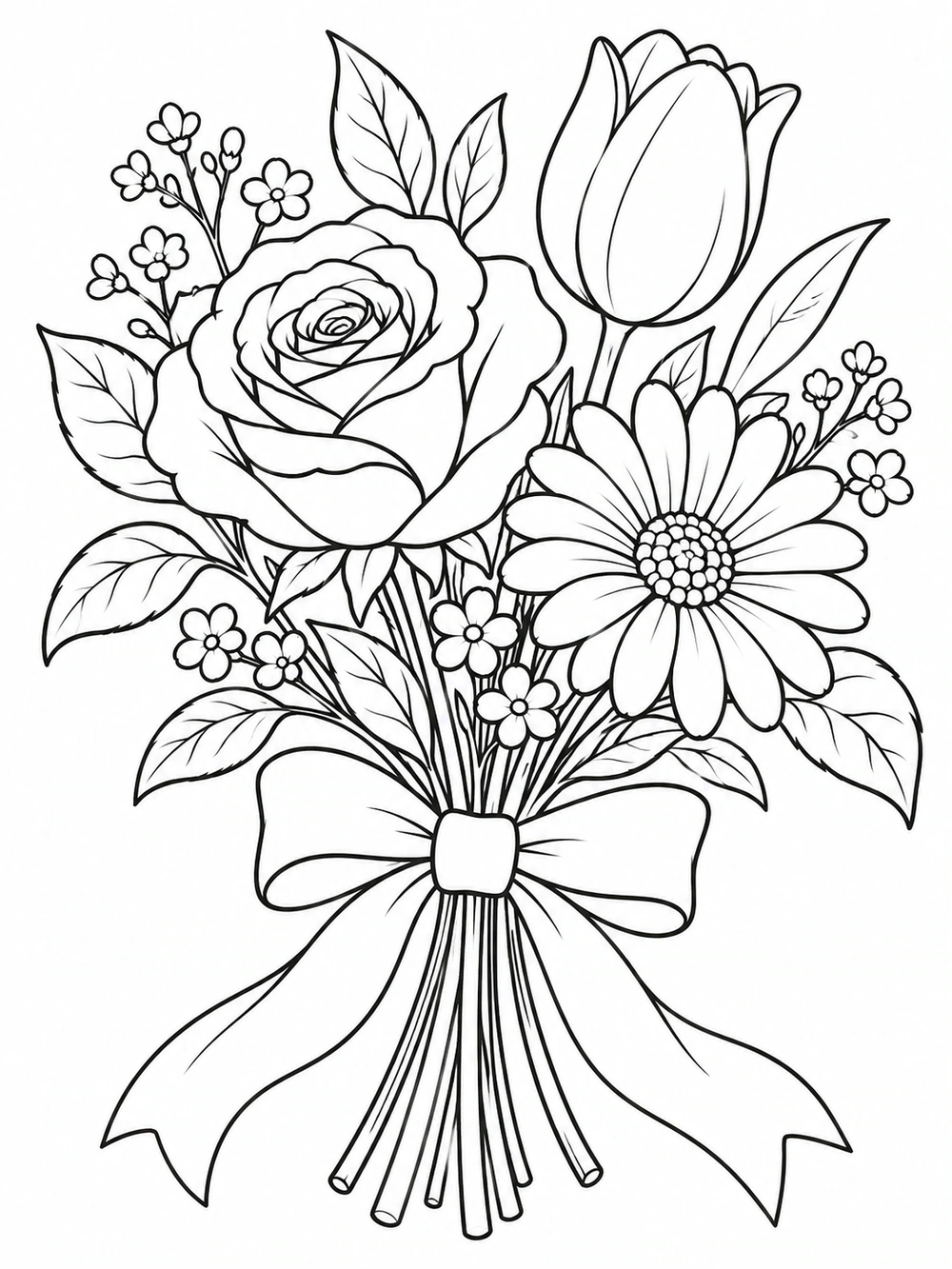 A black-and-white outline coloring page of a ribbon-tied bouquet with a rose, daisy, tulip, small blossoms, and leafy stems.