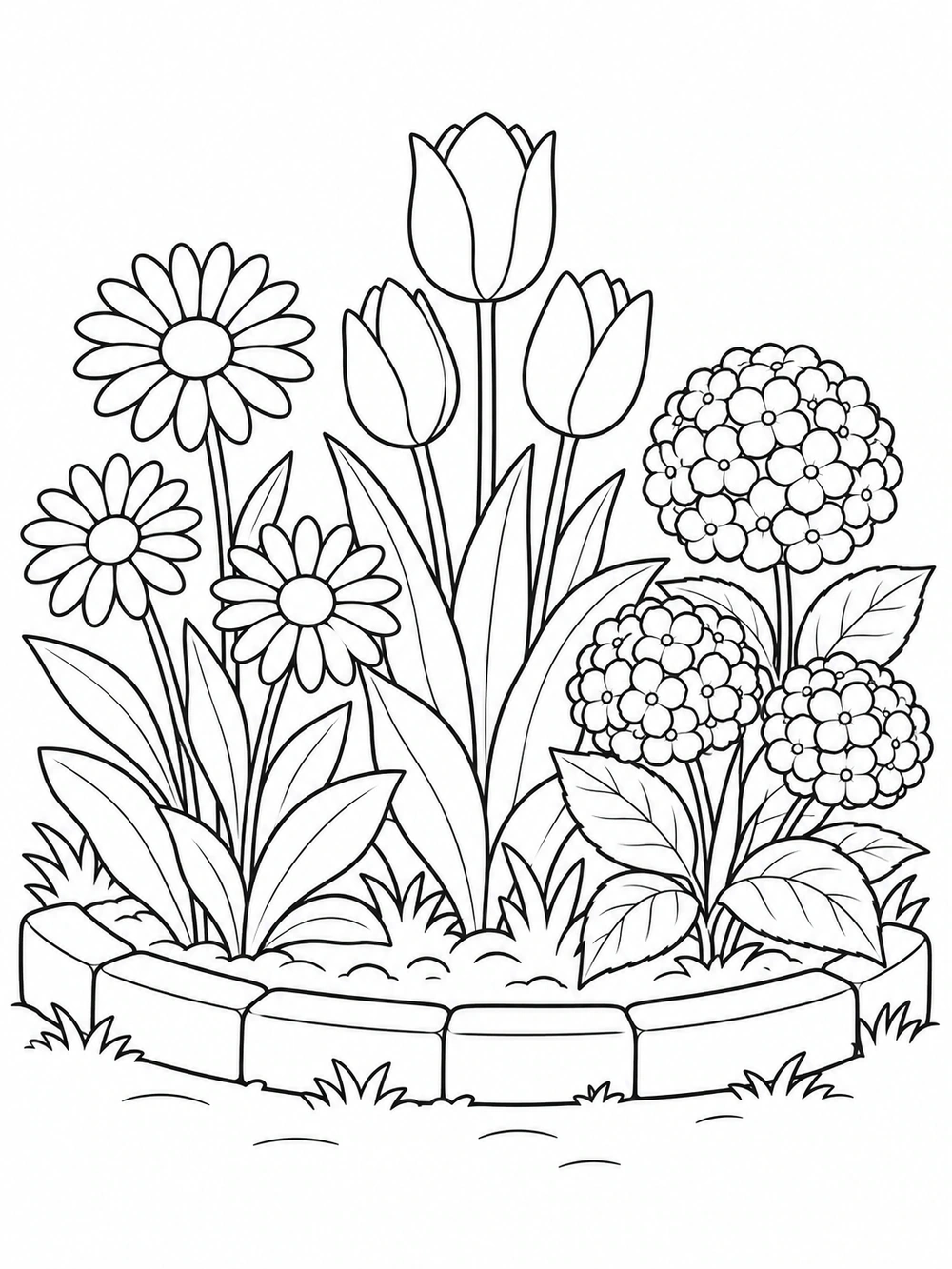 A small garden scene with daisies, tulips, and leafy plants in a flower bed.