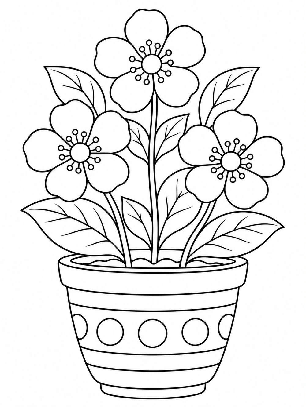 A leafy flowering plant with three open blooms in a wide flowerpot decorated with circles and stripes.