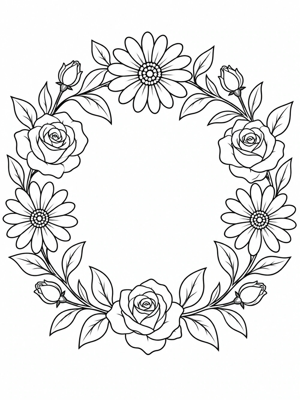 An open-centered circular wreath of daisies, roses, buds, and leaves in black outlines.