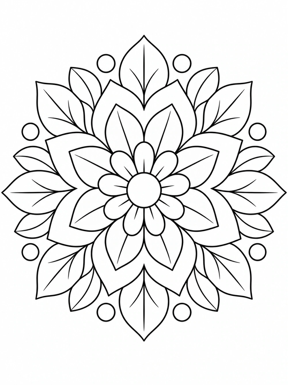 A balanced black-outline floral mandala with a central flower, repeating petal rings, leaves, and small circles on white.