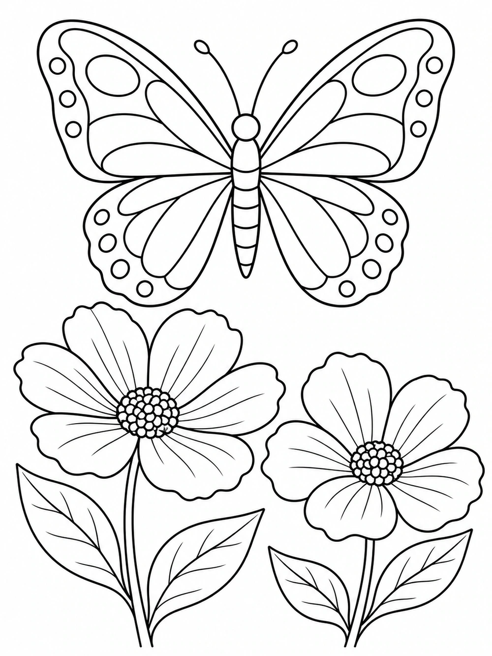 A large butterfly with simple symmetrical wing patterns hovering above two open flowers, stems, and leaves.