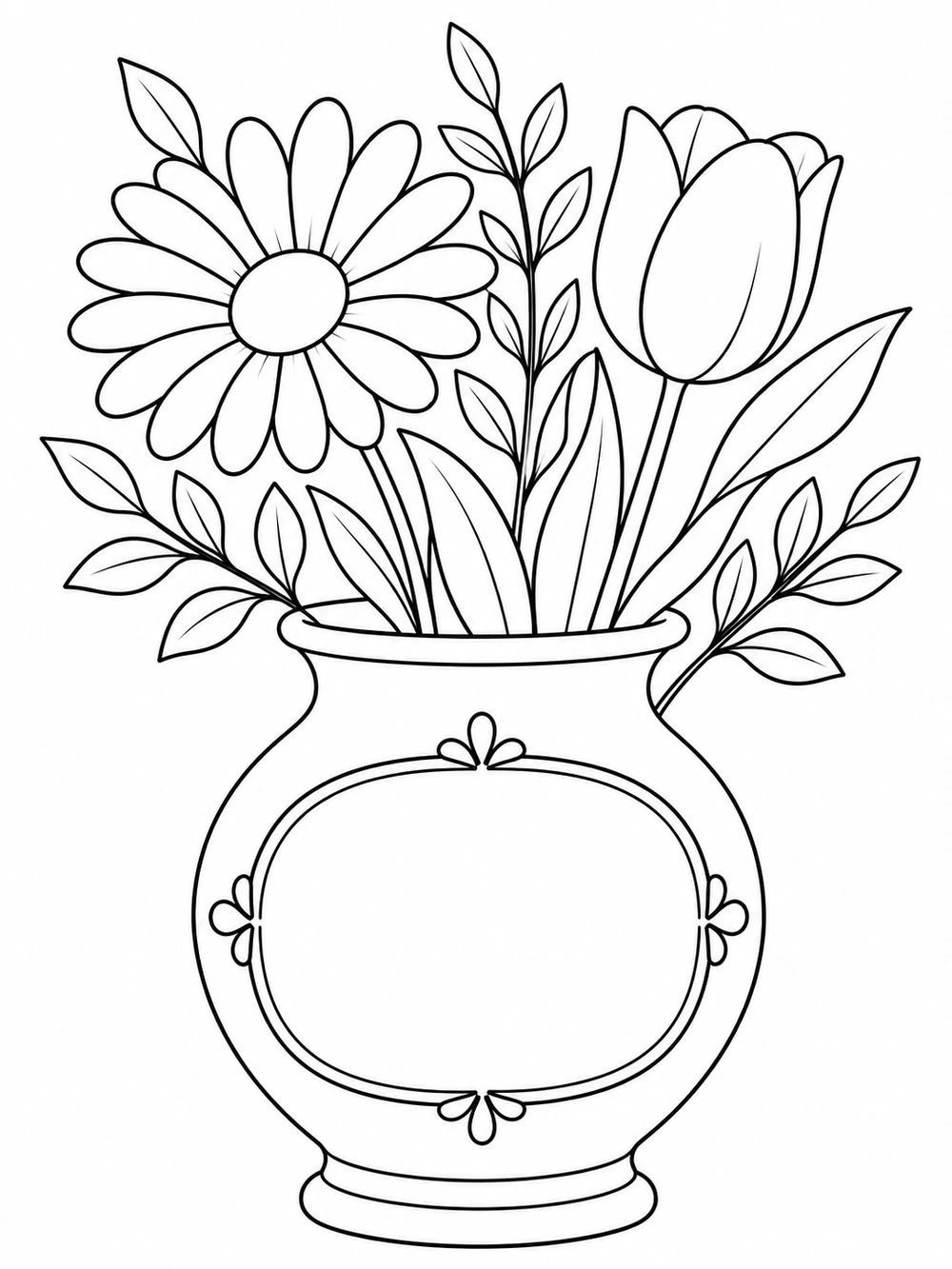 Black-and-white coloring page of a daisy and tulip with leafy stems in a round vase with an empty bordered panel.