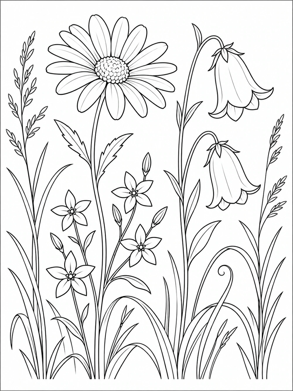 Black-outline coloring page of a daisy, two bell-shaped blooms, several small star-shaped flowers, and grasses.