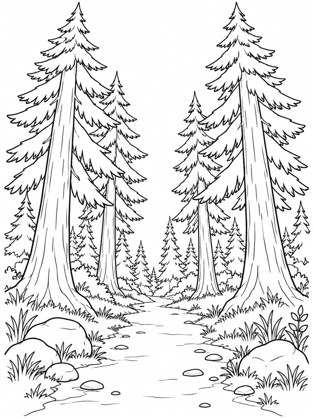 Forest coloring page with towering pine trees and a winding path