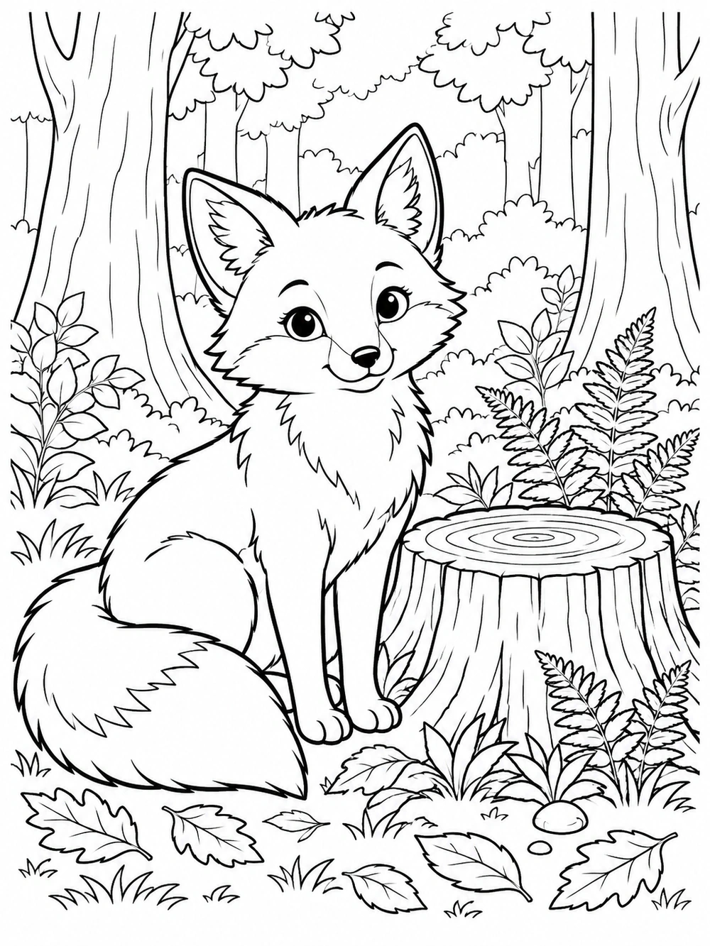 Forest coloring page showing a friendly fox seated beside a tree stump, surrounded by ferns, leaves, and woodland trees.