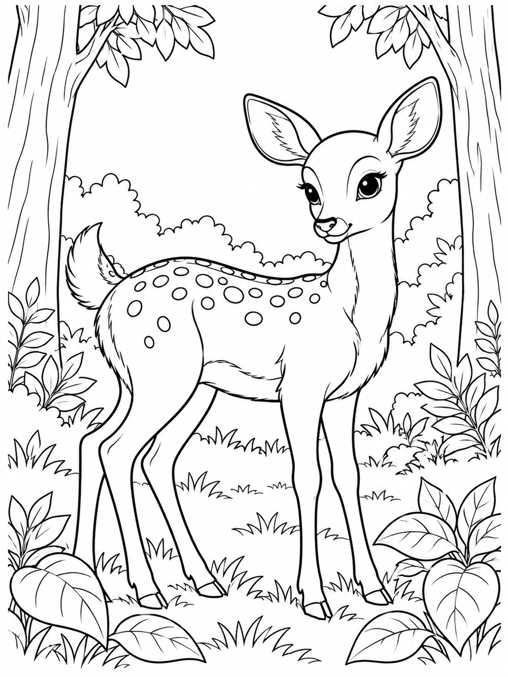 A spotted young deer with slender legs stands between two tree trunks, surrounded by broad-leaf plants and simple forest foliage.