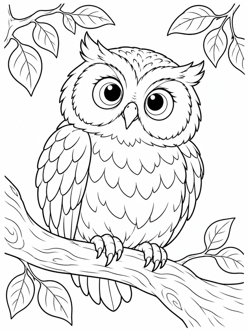 Large round owl with detailed feather outlines perched on a curved branch framed by leafy twigs