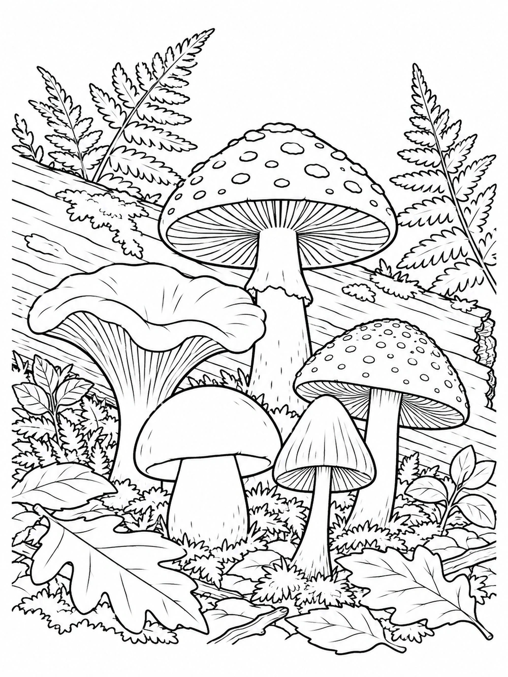 A forest floor coloring page with five varied mushrooms, a diagonal fallen log, ferns, and leaves.