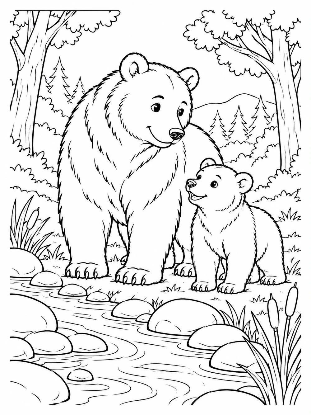 Adult bear and cub standing beside a forest stream, with trees, reeds, and rounded stones.