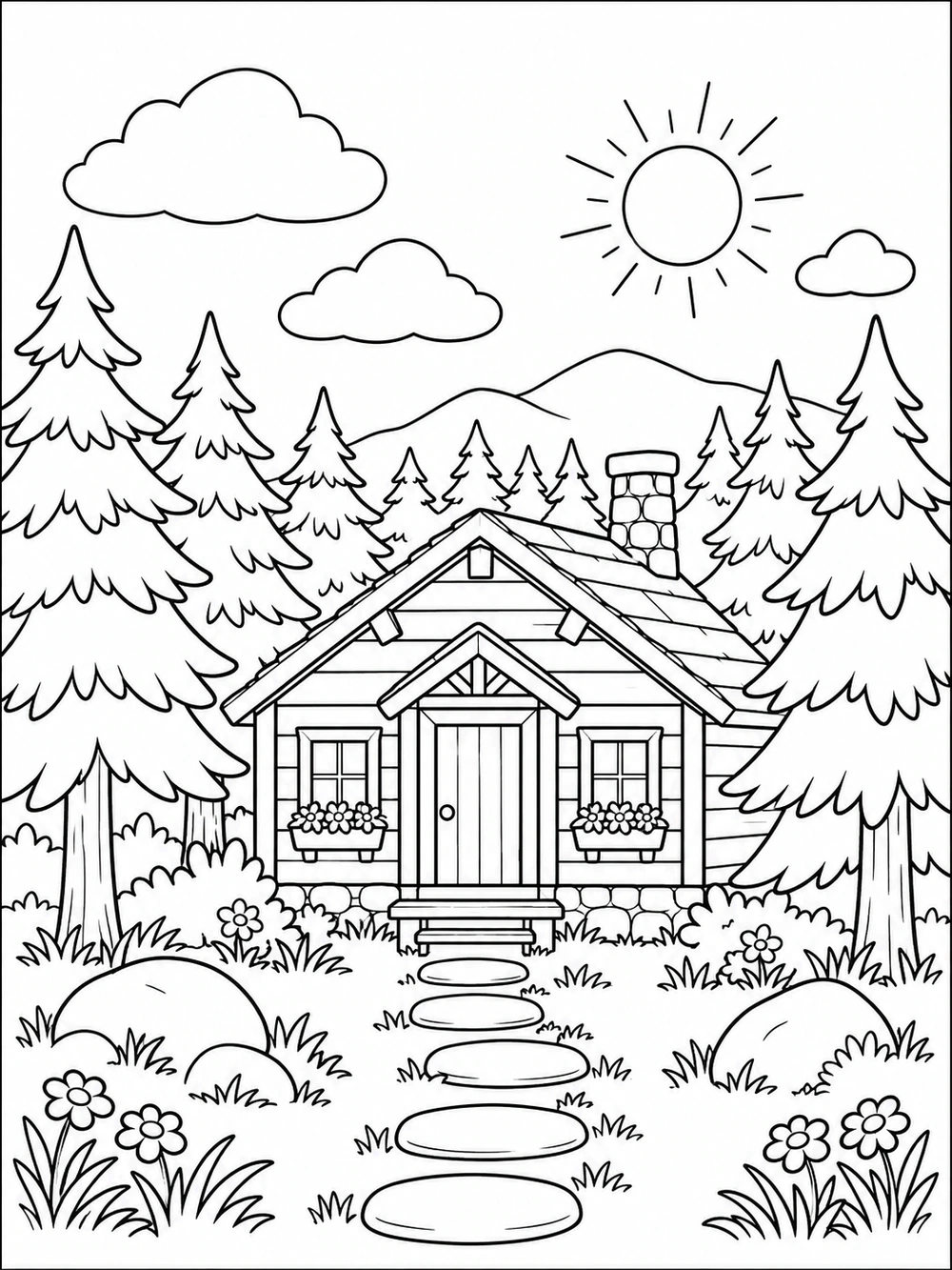Woodland cabin in a clearing surrounded by evergreen trees, with a stepping-stone path and flowers by the entrance.