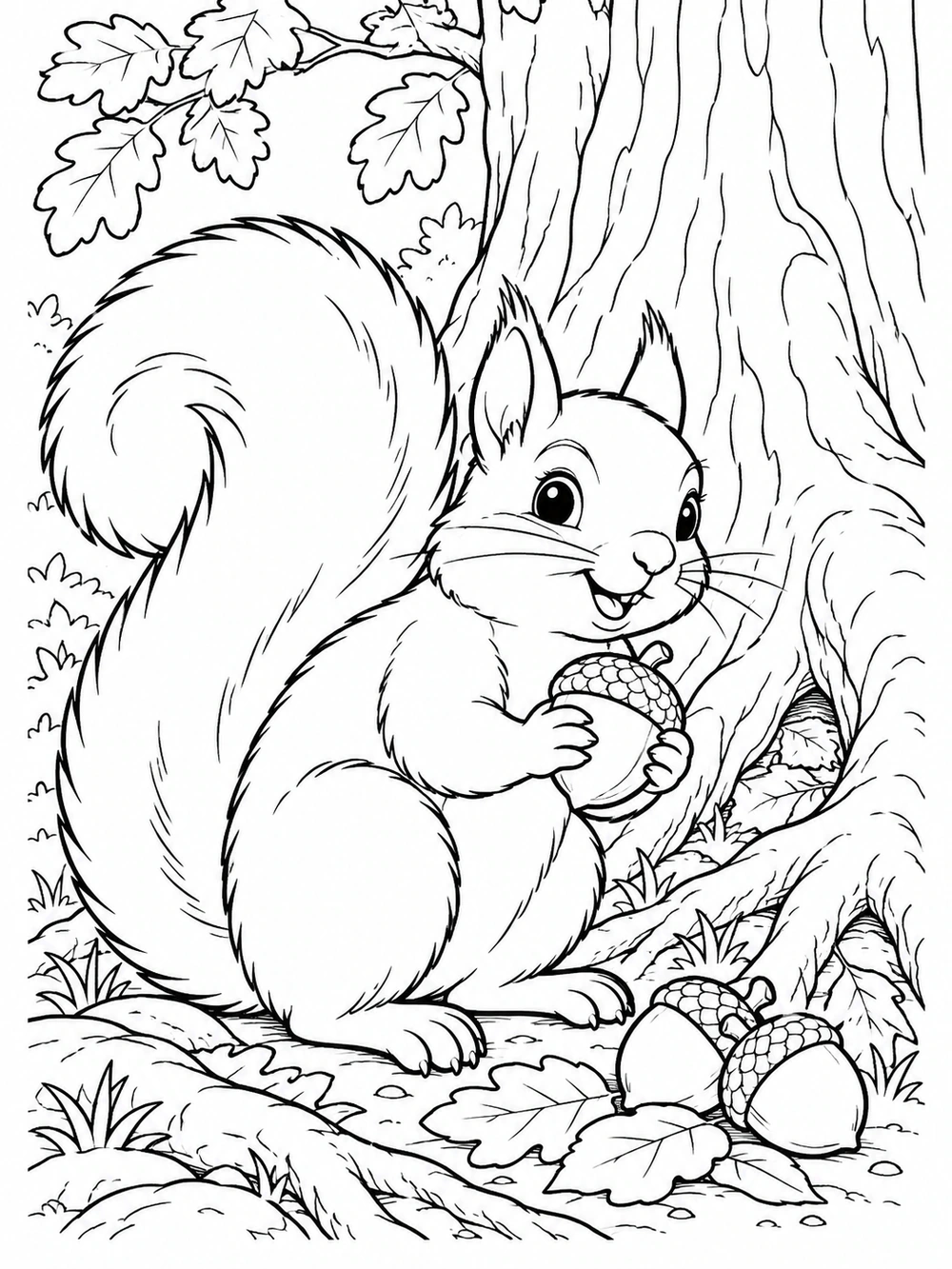 Black-and-white coloring page showing a lively squirrel with a curled tail holding an acorn beside a broad forest tree, with exposed roots, two more acorns, and leaves.
