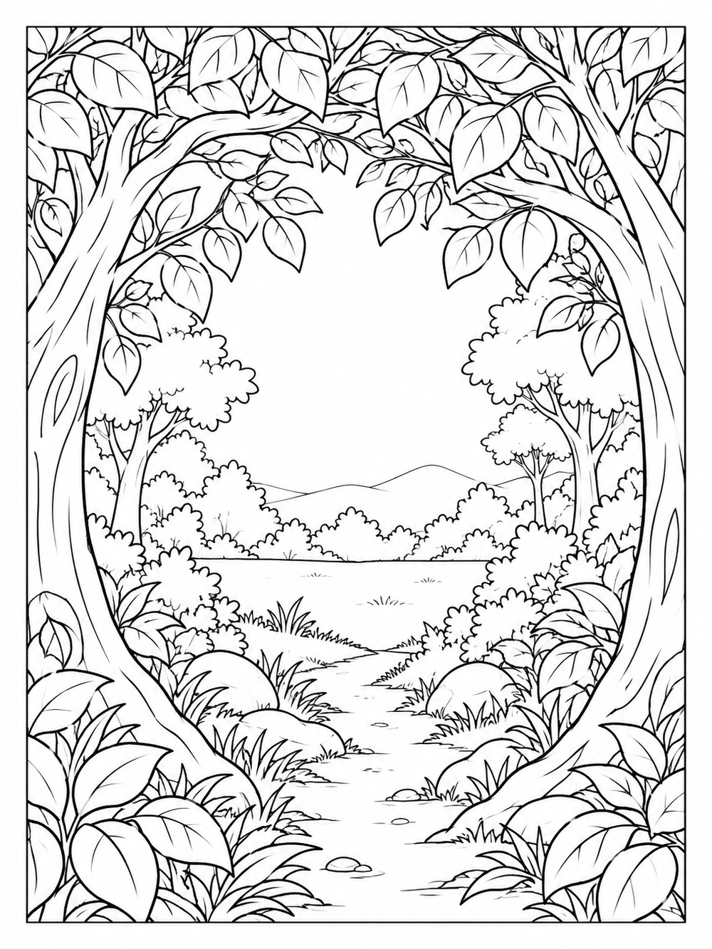 Forest path beneath an arch of leafy tree branches, opening onto a clearing