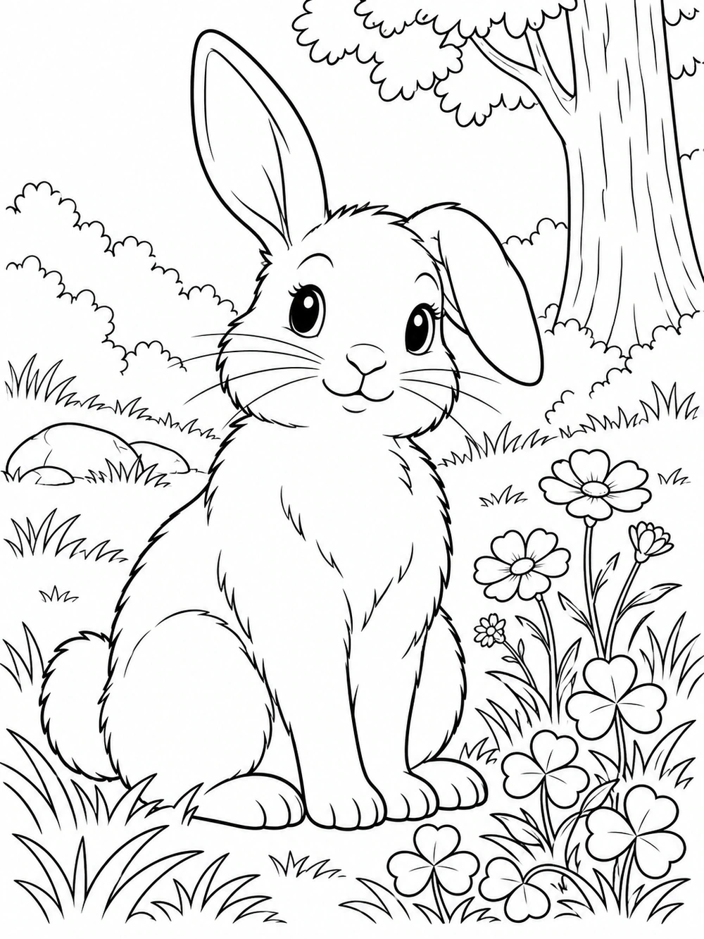 A rabbit with one ear raised and one gently folded sits upright in a forest clearing, with clover, wildflowers, grass, and a tree.
