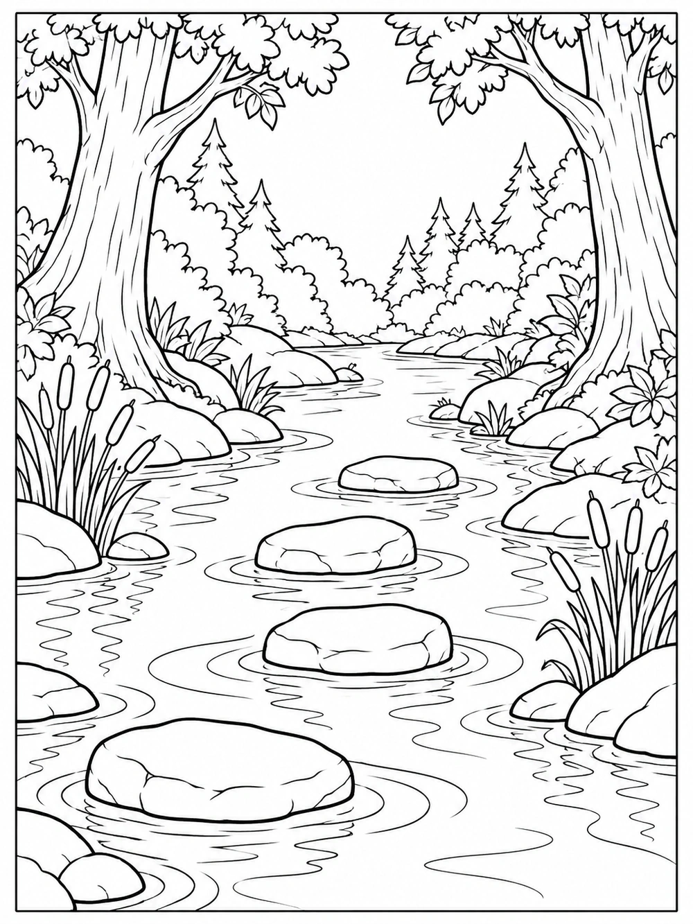 A winding forest stream with four stepping stones, reeds, ripples, and trees framing the water.
