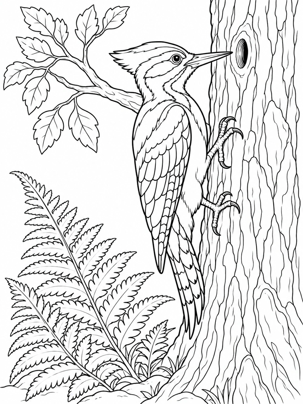 Woodpecker clinging vertically to a broad tree trunk, its beak near a tree hole, with leafy branches and large ferns.