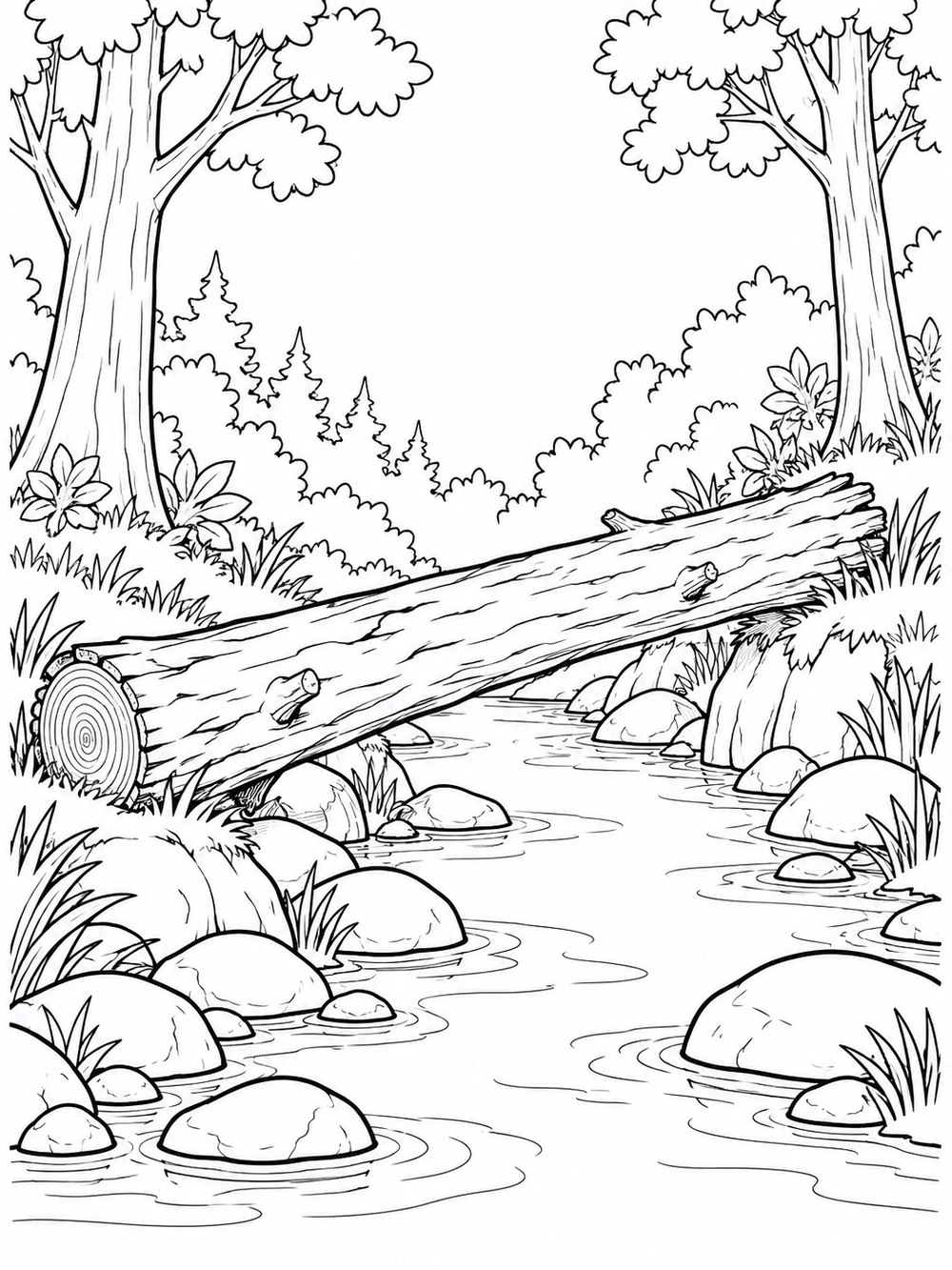 A fallen log with visible bark and end rings crosses a rocky creek between two forest trees.